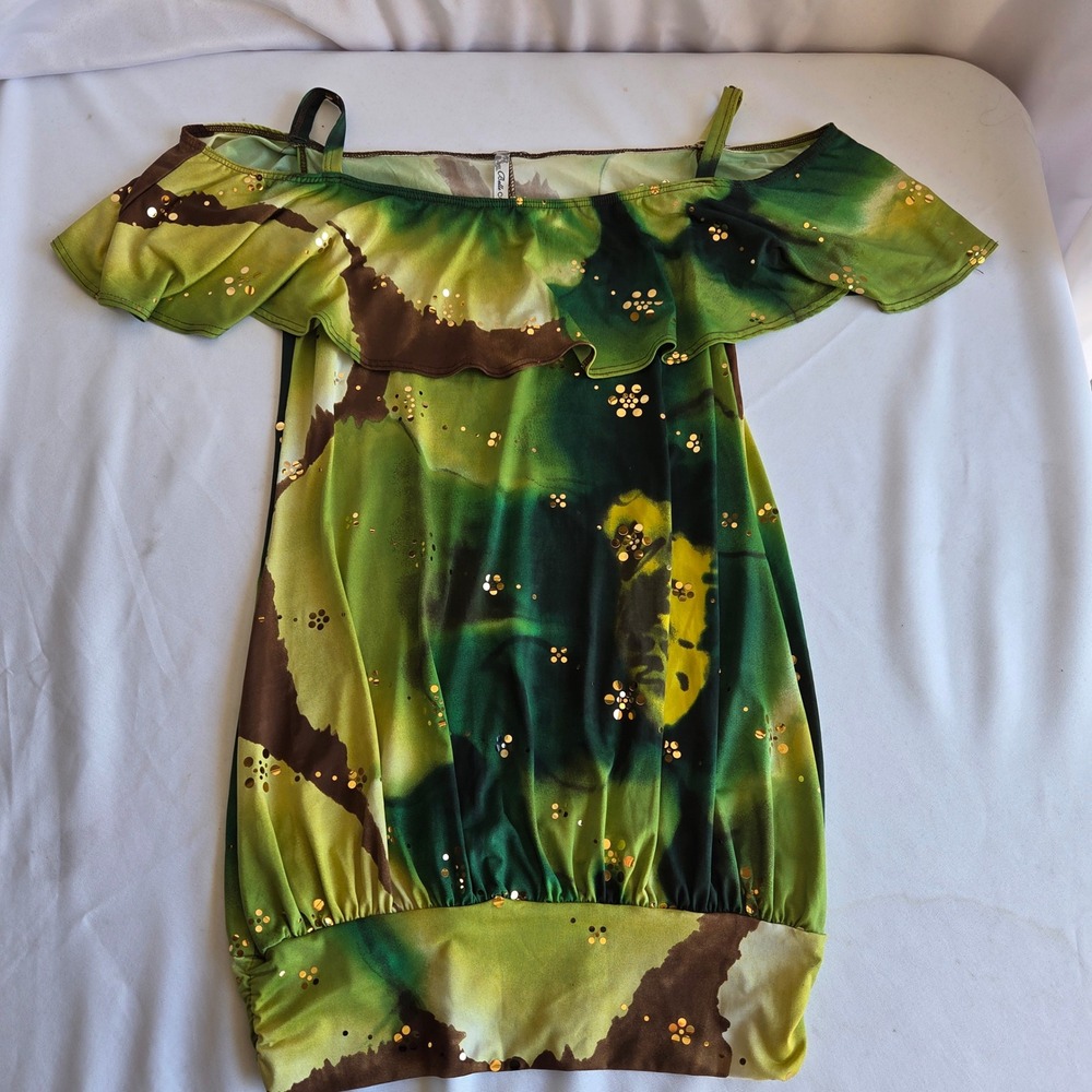Belle Amie Green Abstract Sequin Cold Shoulder Y2K Whimsy Tunic Top Mini Dress